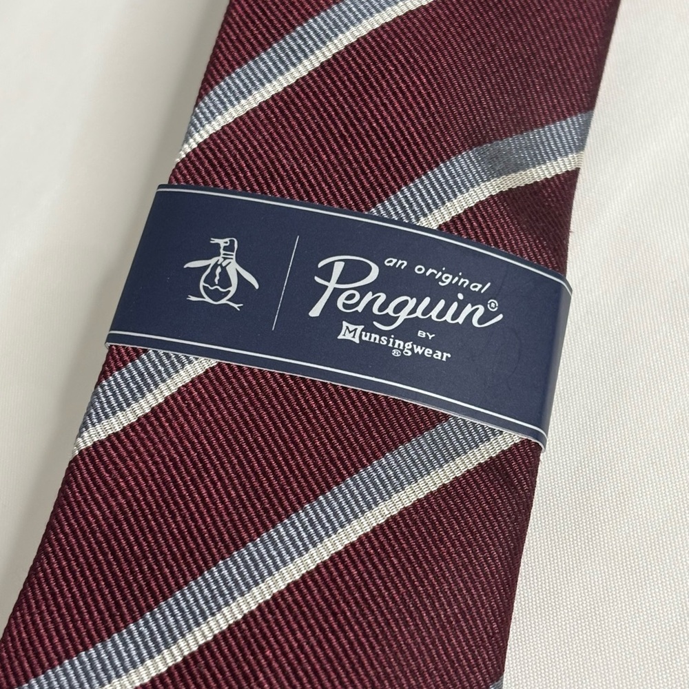 NEW-Original Penguin Men's Burgundy Striped Slim Tie - Picture 4 of 5